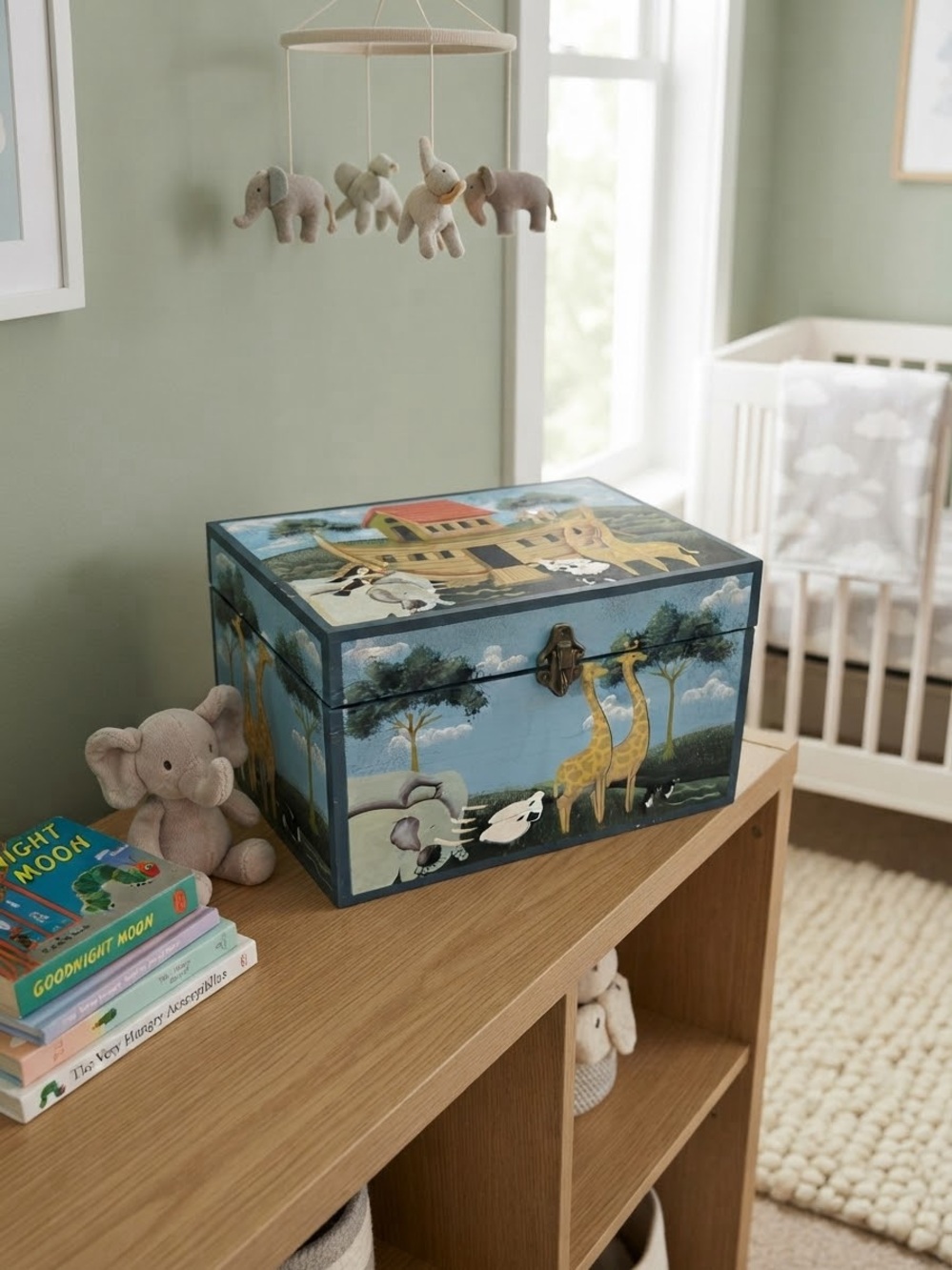Artisan hand-painted, Noah Ozark-Themed Storage Chest in Blue